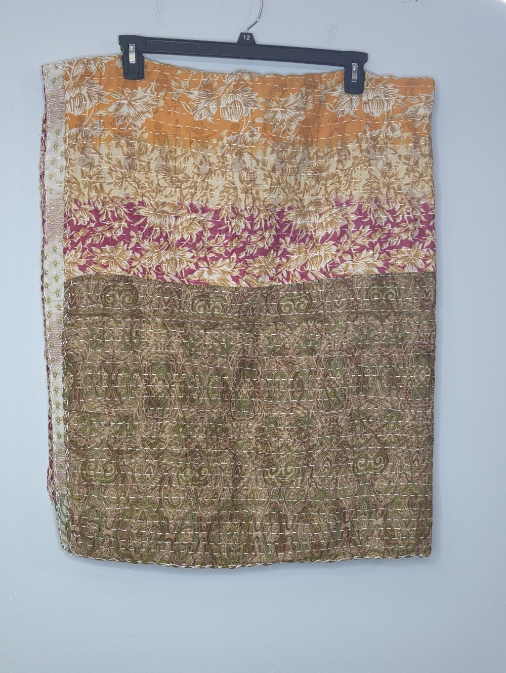 Kantha Quilt, Bohemian Floral Patchwork Blanket in Orange, Pink & Green, 50 x 65